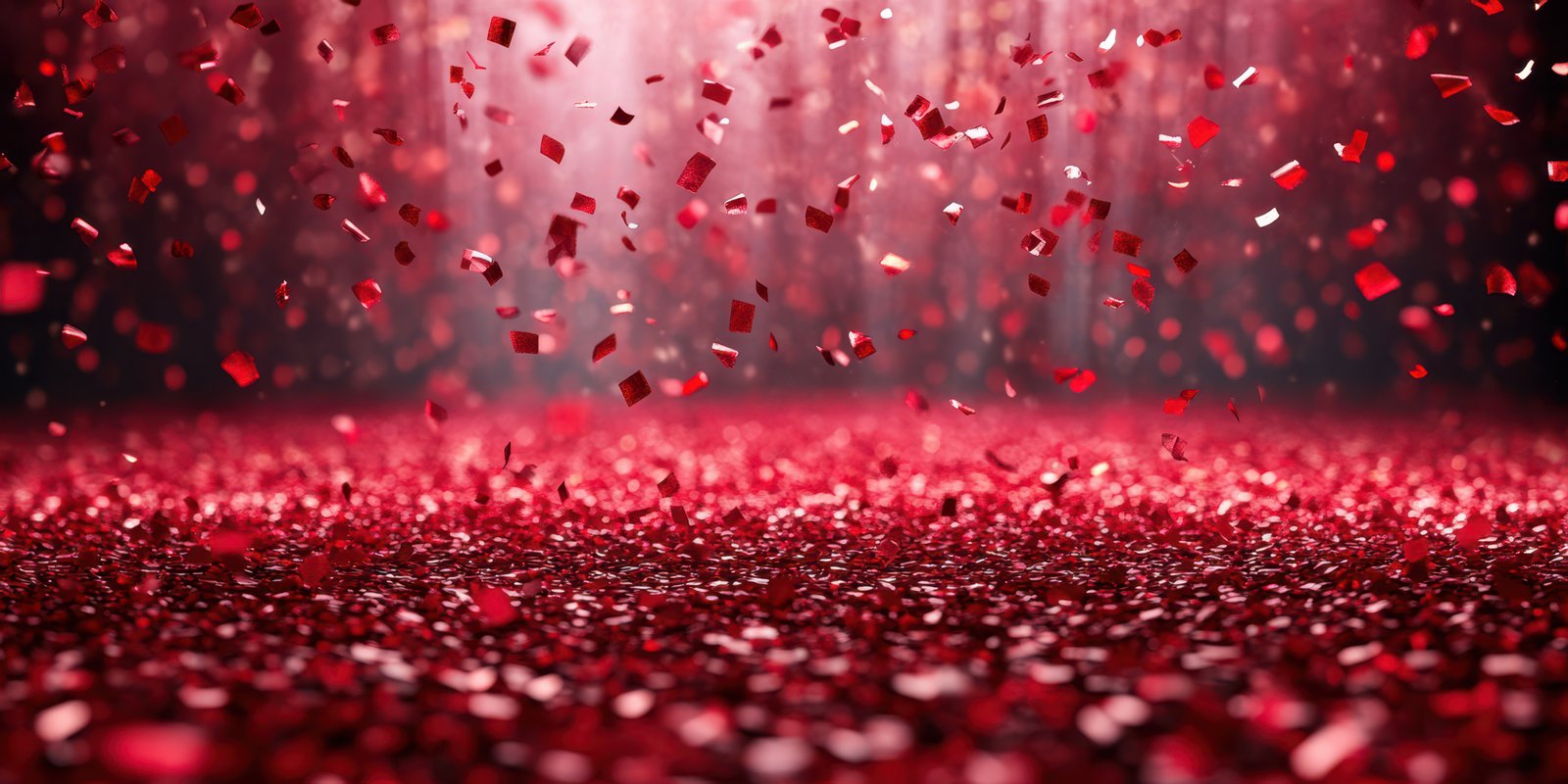 Vibrant red confetti falling gracefully on a sparkling surface during a festive celebration at night